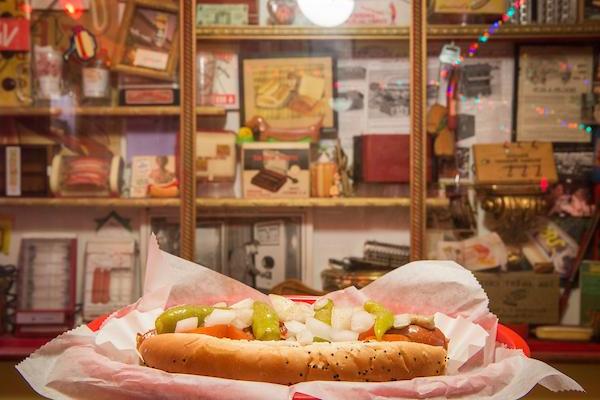 Close-up of a loaded hot dog at O'Betty's Red Hot in Athens, OH